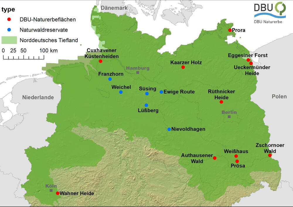 Übersichtskarte Untersuchungsflächen im WiNat-Projekt © DBU Naturerbe