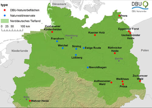 Übersichtskarte Untersuchungsflächen im WiNat-Projekt © DBU Naturerbe