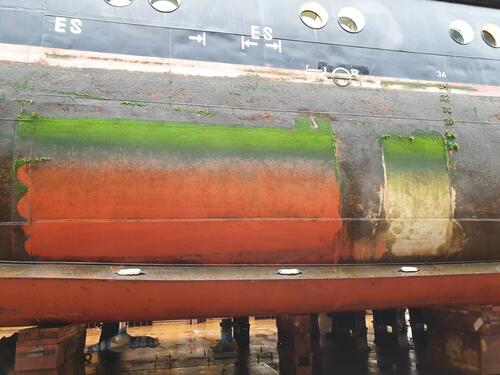 Die reinigungsfähigen Testbeschichtungen auf der „WEGA“ im Juli 2019 nach der Unterwasserreinigung im unteren Drittel © LimnoMar