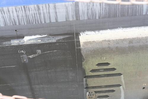 Die Reinigung der „POLARSTERN“ im Dock: gereinigte Fläche (links) und ungereinigte Fläche (rechts) © LimnoMar