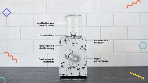 Der nachhaltige, langlebige Küchenmixer re:MIX wurde für Einmachgläser entwickelt und ist individuell anpassbar. © Open Funk UG (haftungsbeschränkt)