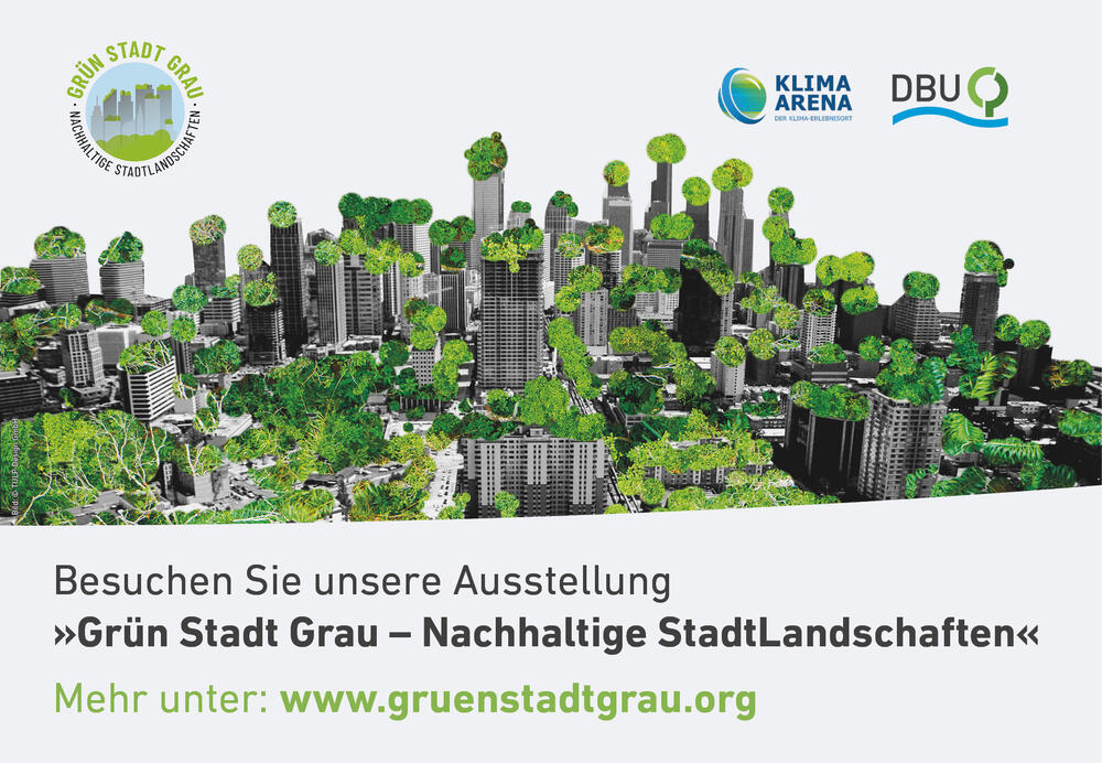 Die Ausstellung zeigt an fünf interaktiven Stationen Lösungen und Beispiele für eine Stadt der Zukunft. © DBU/Tulp Design