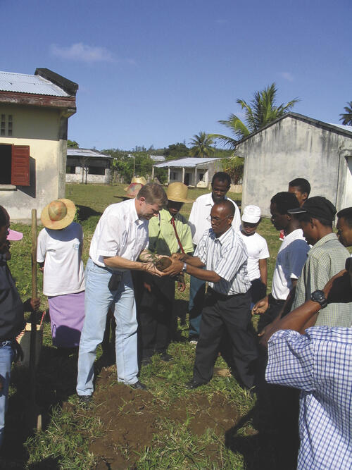 Die beiden Schulleiter aus Sögel und Brickaville pflanzen symbolisch gemeinsam einen Baum. 