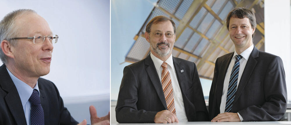 Günther Cramer, SMA Technology AG (l.), sowie Dr. Andreas Bett, Fraunhofer ISE, und Hansjörg Lerchenmüller, Soitec Solar GmbH © Fraunhofer ISE/Soitec (Bett/Lerchenmüller)