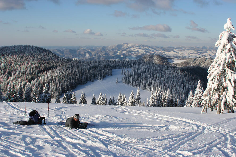 Verschneites Mittelgebirge mit Wintersportler 