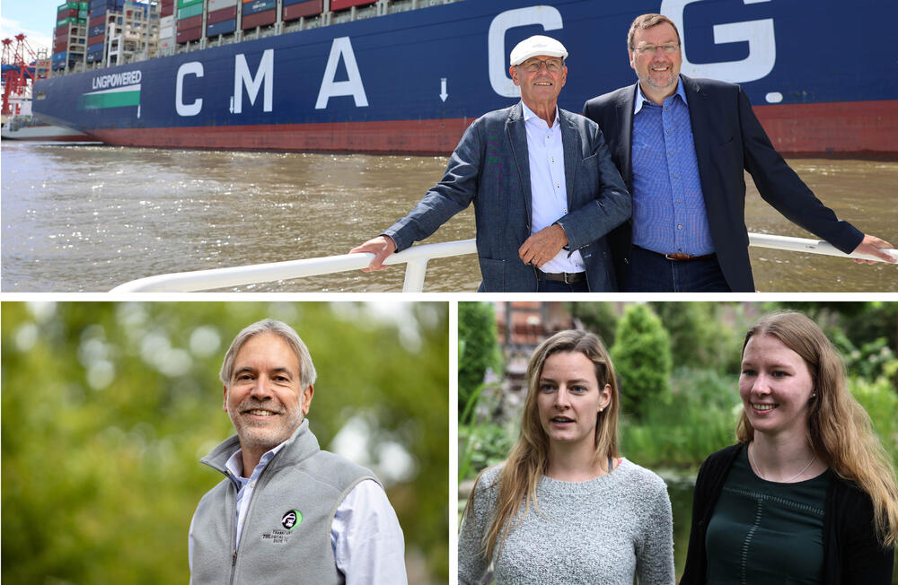 Träger des Deutschen Umweltpreises 2022 der DBU: Die beiden Ingenieure Friedrich Mewis (oben links) und Dirk Lehmann sowie der Biologe Christof Schenck. Myriam Rapior (links) und Kathrin Muus erhalten den Ehrenpreis. © Collage: Birgit Stefan, Fotos: Pohlmann (DBU); Schröer/ ZGF, Prof. Dr. Markus Große Ophoff (DBU),