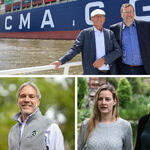 Träger des Deutschen Umweltpreises 2022 der DBU: Die beiden Ingenieure Friedrich Mewis (oben links) und Dirk Lehmann sowie der Biologe Christof Schenck. Myriam Rapior (links) und Kathrin Muus erhalten den Ehrenpreis. © Collage: Birgit Stefan, Fotos: Pohlmann (DBU); Schröer/ ZGF, Prof. Dr. Markus Große Ophoff (DBU),