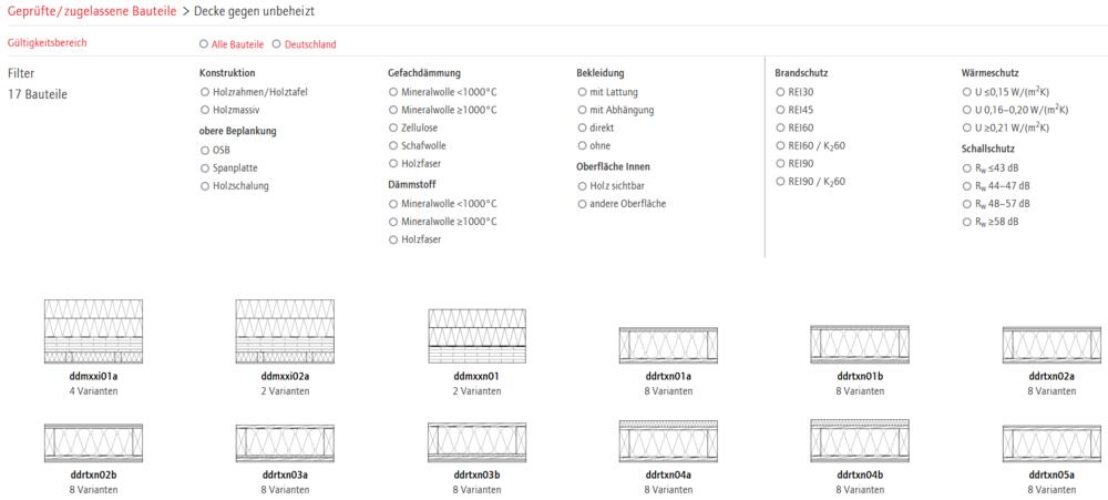 Übersichtsseite für die Kategorie „Decke gegen unbeheizt“ © dataholz.eu