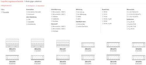 Übersichtsseite für die Kategorie „Decke gegen unbeheizt“ © dataholz.eu