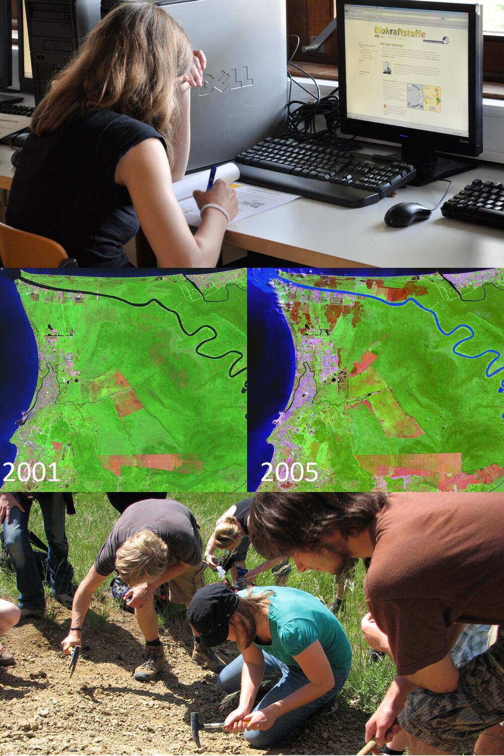 Bildcollage: Moderne Fernerkundungsdaten geben Einblicke in die Entwicklung von Umwelt, Wirtschaft und Gesellschaft – sowohl am Computer als auch zur Unterstützung der Geländearbeit 