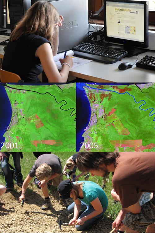 Bildcollage: Moderne Fernerkundungsdaten geben Einblicke in die Entwicklung von Umwelt, Wirtschaft und Gesellschaft - sowohl am Computer als auch zur Unterstützung der Geländearbeit 