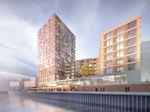 Geplantes Holzhochhaus in Hamburgs HafenCity © Störmer Murphy and Partners GbR