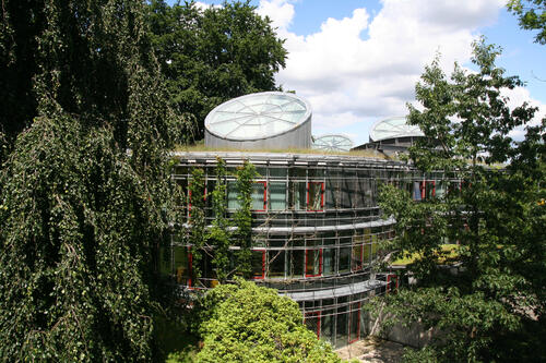 Das DBU-Verwaltungsgebäude im Sommer (Seitenansicht) 