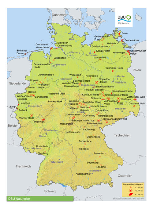 Deutschlandkarte mit 70 DBU-Naturerbeflächen 