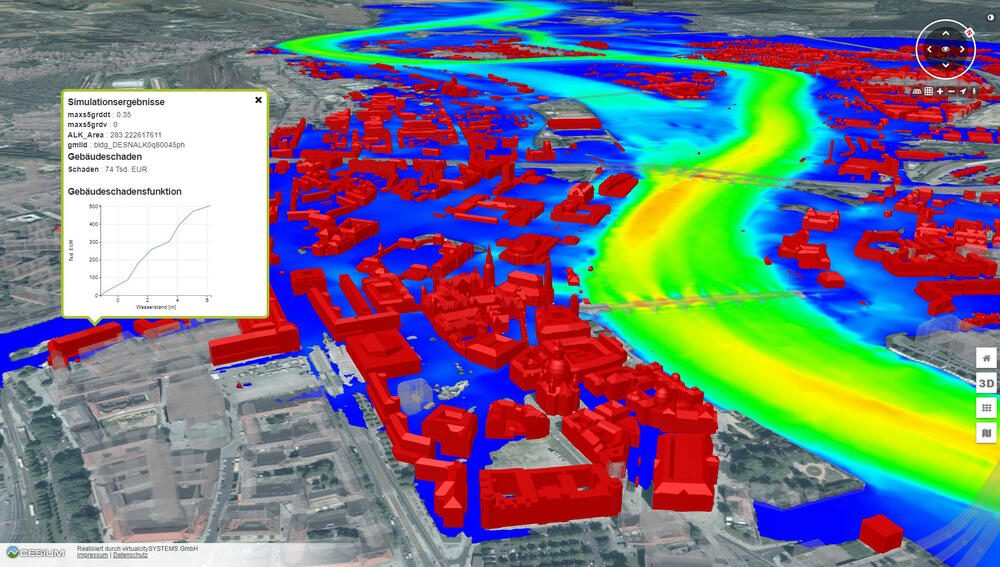 Analyse eines simulierten Elbe-Extrem-Hochwassers © virtualcitySYSTEMS GmbH