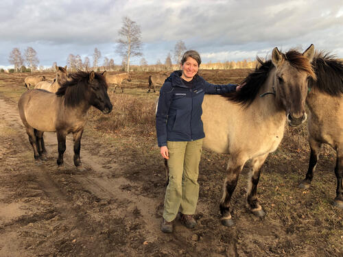 Christiane Hönicke und Konik © Katja Behrendt/DBU Naturerbe