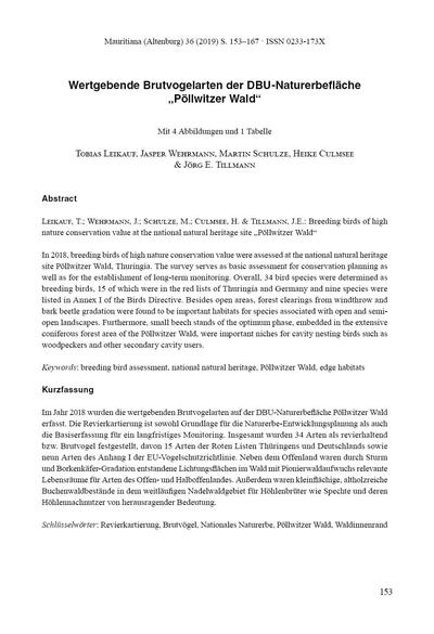 Wertgebende Brutvogelarten der DBU-Naturerbefläche „Pöllwitzer Wald“ in: Mauritiana (Altenburg) 36 (2019) S. 153–167
