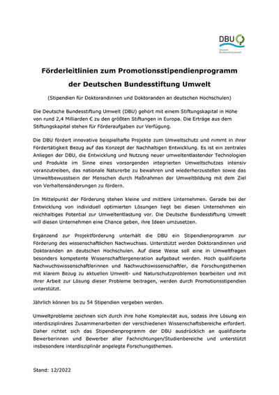 Förderleitlinien zum Promotionsstipendienprogramm der Deutschen Bundesstiftung Umwelt