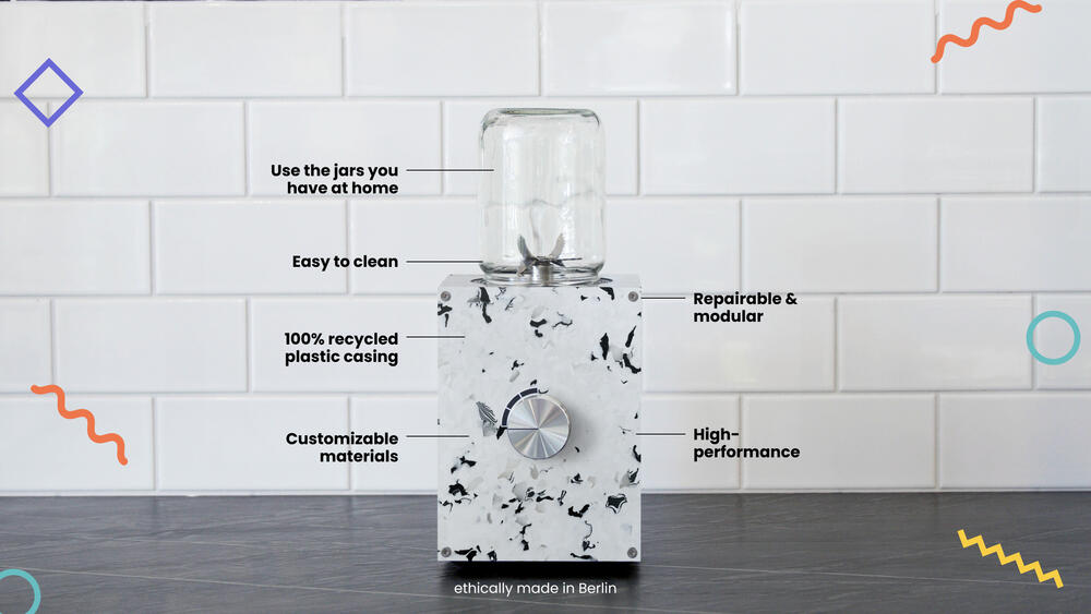 Der nachhaltige, langlebige Küchenmixer re:MIX wurde für Einmachgläser entwickelt und ist individuell anpassbar. © Open Funk UG (haftungsbeschränkt)