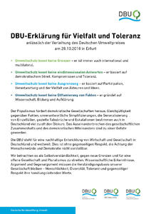 DBU-Erklärung für Vielfalt und Toleranz anlässlich der Verleihung des Deutschen Umweltpreises am 28.10.2018 in Erfurt