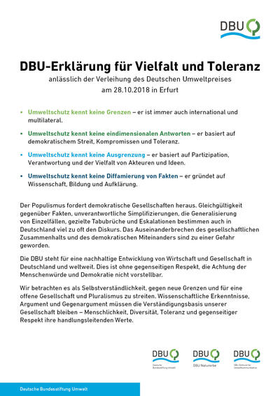 DBU-Erklärung für Vielfalt und Toleranz anlässlich der Verleihung des Deutschen Umweltpreises am 28.10.2018 in Erfurt